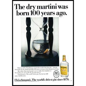1970 Fleischmann's Dry Gin Vintage Print Ad Hourglass Time Martini Wall Art
